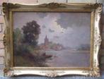 JAN KNIKKER ==landschap met visser en dorp op de achtergrond, Antiek en Kunst, Ophalen