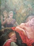 UNIEKE OUDE OLIEOGRAFI OP PANEEL MYTHOLOGISCH FIGUREN 50X40, Verzenden