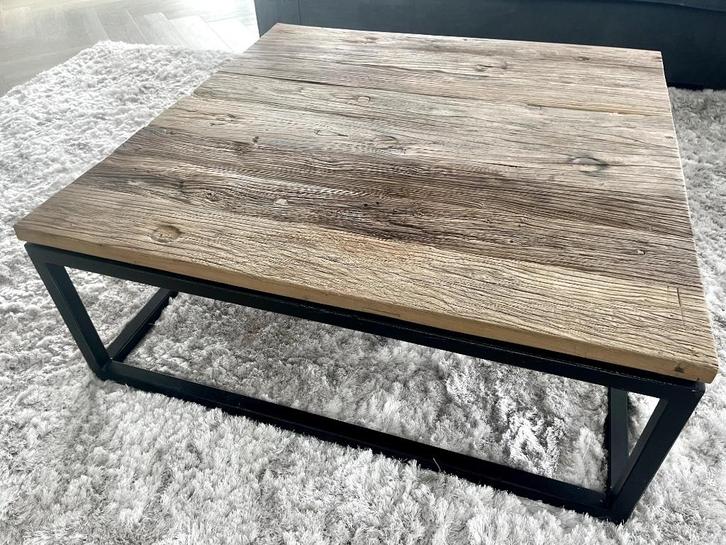 Robuuste design salontafel 100cm met wagonhout blad, Huis en Inrichting, Tafels | Salontafels, Zo goed als nieuw, Minder dan 50 cm