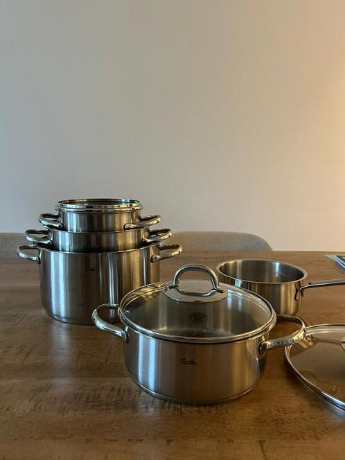 Fissler 5 delig pannenset, Huis en Inrichting, Keuken | Potten en Pannen, Gebruikt, Pannenset, Rvs, Inductieplaat, Keramische plaat