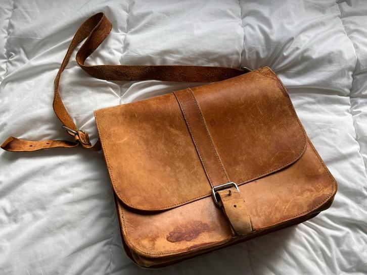 Vintage Leren Schoudertas, Sieraden, Tassen en Uiterlijk, Tassen | Schoudertassen, Gebruikt, Overige merken, Bruin, Leer, Ophalen