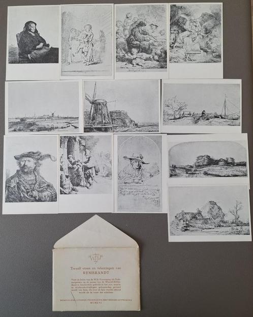 Twaalf etsen en tekeningen van Rembrandt in envelop., Verzamelen, Ansichtkaarten | Themakaarten, Ongelopen, Ophalen of Verzenden