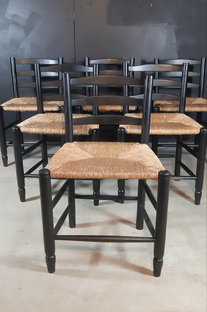 Set van 6 Georges Robert chairs jaren 60 REFURBISHED, Huis en Inrichting, Stoelen, Zo goed als nieuw, Hout, Zwart, Ophalen