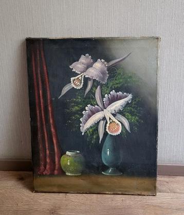 Oud schilderij op doek - vaas met orchideeën  beschikbaar voor biedingen