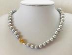 Parelketting van Zilvergrijze Zoutwater Parels 14K, Ophalen of Verzenden, Nieuw, Grijs, Goud