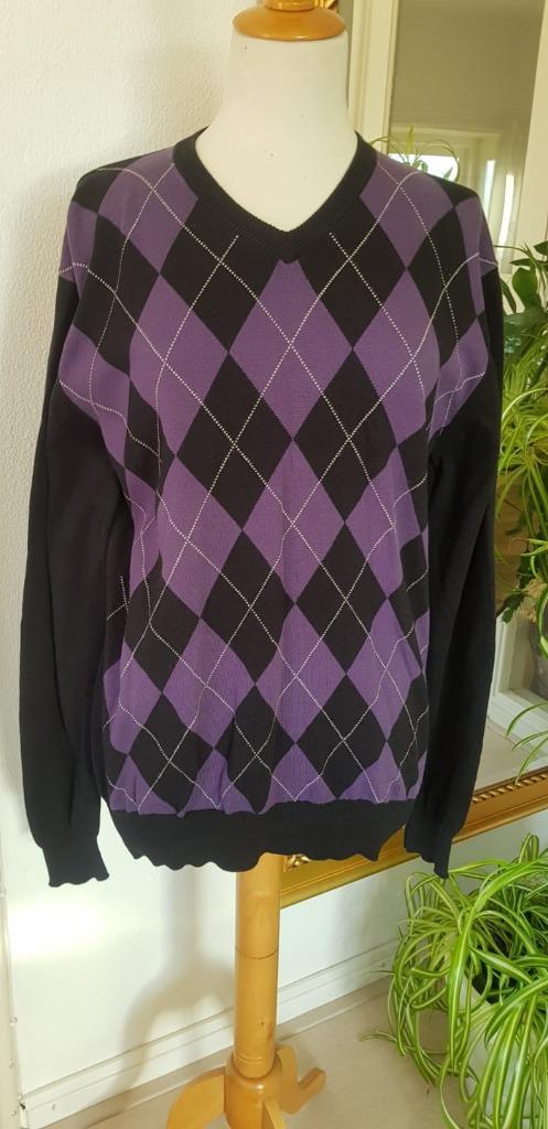Z.g.n. heren trui, maat 50, paars-zwart-wit, ruit-motief., Kleding | Heren, Truien en Vesten, Zo goed als nieuw, Maat 48/50 (M)