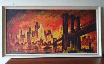Grote vintage schilderij print New York Brooklyn Bridge beschikbaar voor biedingen