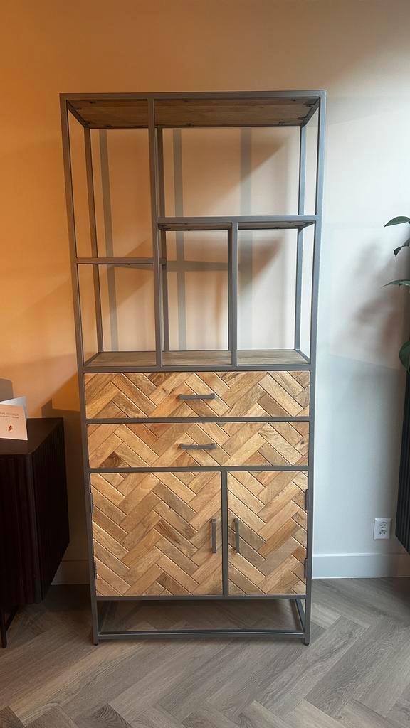 Robuuste Mango Houten Kast met Metalen Frame, Huis en Inrichting, Kasten | Boekenkasten, Gebruikt, 50 tot 100 cm, 200 cm of meer