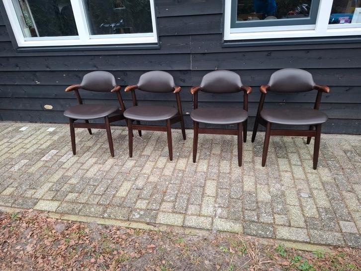 Set van 4 Cowhorn Stoelen - Design Klassieker, Huis en Inrichting, Stoelen, Gebruikt, Vier, Hout, Leer, Bruin, Ophalen of Verzenden