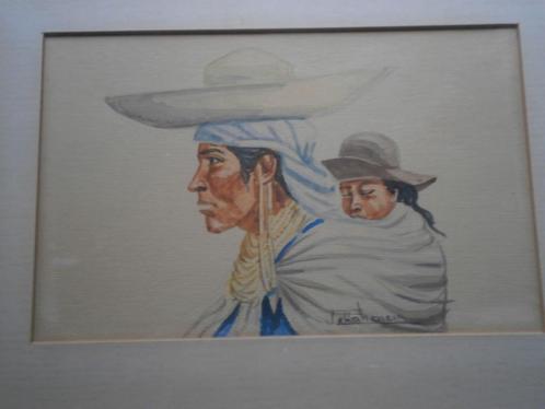 Aquarel van een ECUDORAANSE vrouw met kind op schouders, Antiek en Kunst, Kunst | Schilderijen | Klassiek, Ophalen of Verzenden