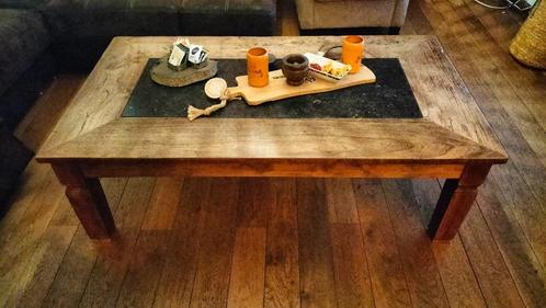 brocante salontafel 140x80 cm natuursteen - hardhout, Huis en Inrichting, Tafels | Salontafels, Gebruikt, Minder dan 50 cm, 50 tot 100 cm