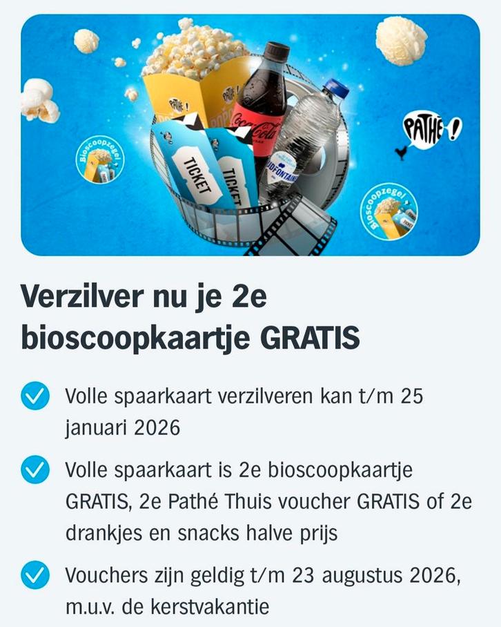 AH Bioscoopkaartjes Pathe, Tickets en Kaartjes, Kortingen en Cadeaubonnen, Overige typen, Overige soorten