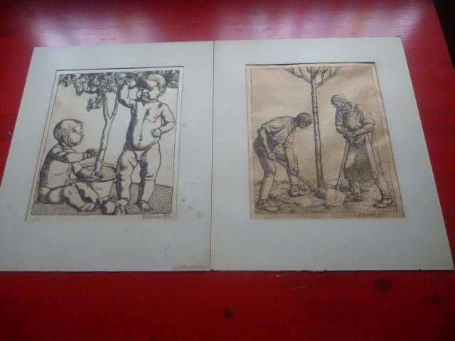Onduidelijk gesigneerd - 1896 en 1906 - twee  etsen., Antiek en Kunst, Kunst | Etsen en Gravures, Ophalen of Verzenden, Mythologie