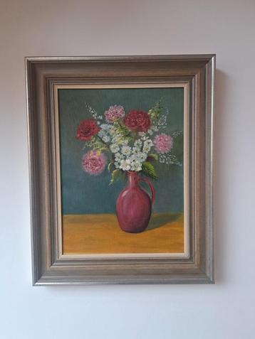 Schilderij stilleven bloemen vaas paars groen wit beschikbaar voor biedingen