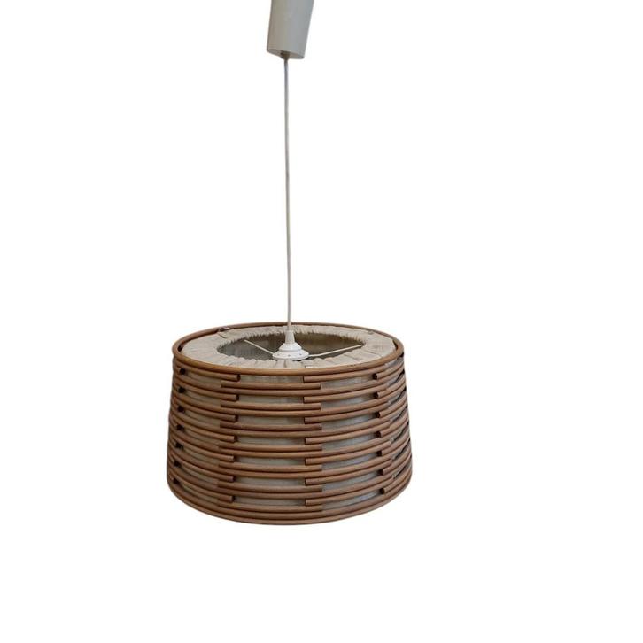 Vintage houten hanglamp met jute, Huis en Inrichting, Lampen | Hanglampen, Gebruikt, Minder dan 50 cm, Hout, Overige materialen