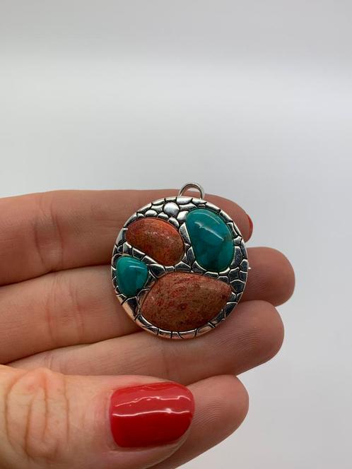 X827 Prachtige zilveren hanger / broche turkoos koraal, Sieraden, Tassen en Uiterlijk, Antieke sieraden, Overige typen, Zilver