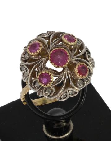 Robijn roosdiamanten antieke 14k gouden ring dames zilver beschikbaar voor biedingen