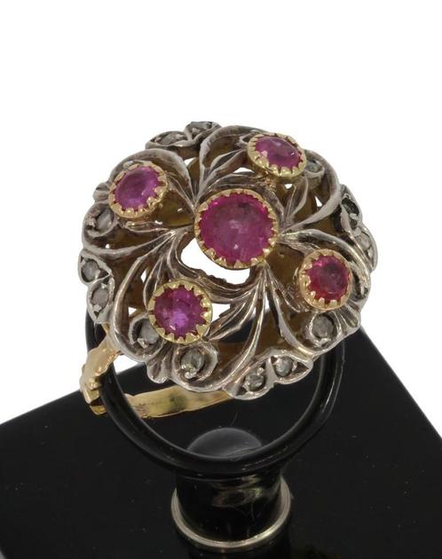 Robijn roosdiamanten antieke 14k gouden ring dames zilver, Sieraden, Tassen en Uiterlijk, Antieke sieraden, Ring, Goud, Met edelsteen