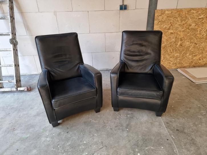 2 Zwarte Leren Fauteuils, Huis en Inrichting, Fauteuils, Gebruikt, 50 tot 75 cm, 75 tot 100 cm, Ophalen
