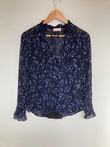 Custommade blauwe chiffon blouse met print maat xs/34 beschikbaar voor biedingen