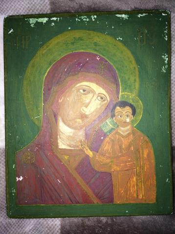 Naïf handgeschilderd icoon van Maria met kind (21,5x17,5 cm) beschikbaar voor biedingen
