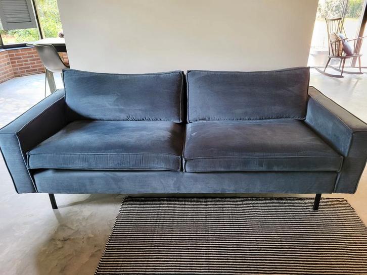 Woood Rodeo jeans blauwe ribstof bank 3 zits 225cm breed, Huis en Inrichting, Banken | Bankstellen, Zo goed als nieuw, 75 tot 100 cm