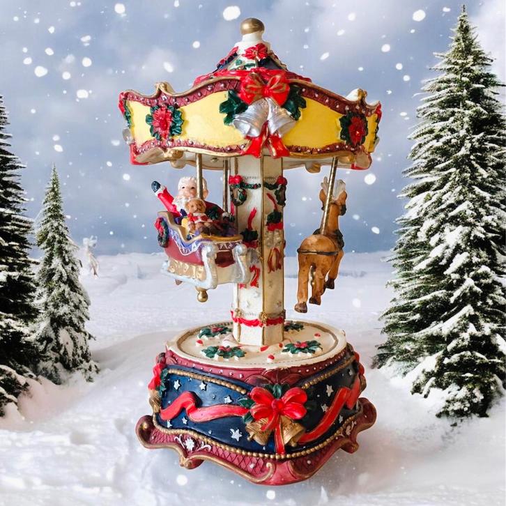 Vintage Mechanische Kerst Carrousel Muziekdoos Speeldoos, Diversen, Kerst, Zo goed als nieuw, Ophalen of Verzenden
