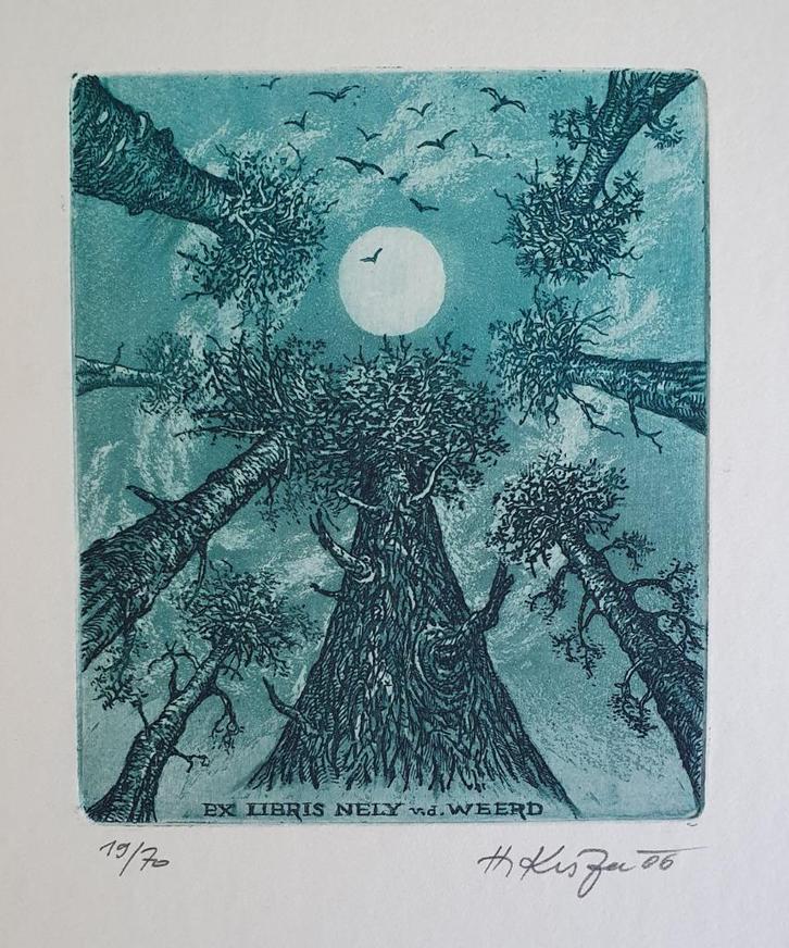 Exlibris /Ex libris H. Kisza, bomen reiken naar de zon, Antiek en Kunst, Kunst | Etsen en Gravures, Verzenden