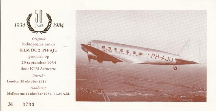50 Jaar KLM DC2 PH-AJU - 1934-1984 - London - Melbourne, Postzegels en Munten, Brieven en Enveloppen | Nederland, Overige typen