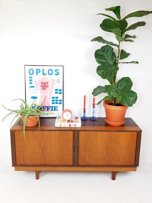 vintage Deens dressoir tambour deurtjes teak fineer hout, Huis en Inrichting, Kasten | Dressoirs, Gebruikt, 25 tot 50 cm, Ophalen of Verzenden