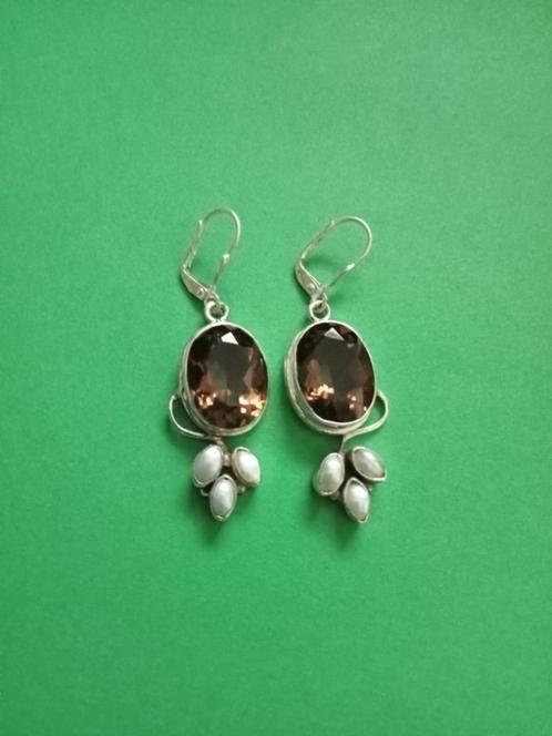 Mooie Sierlijke Zilveren Oorhangers met Rookkwarts en Parels, Sieraden, Tassen en Uiterlijk, Antieke sieraden, Oorbellen, Zilver