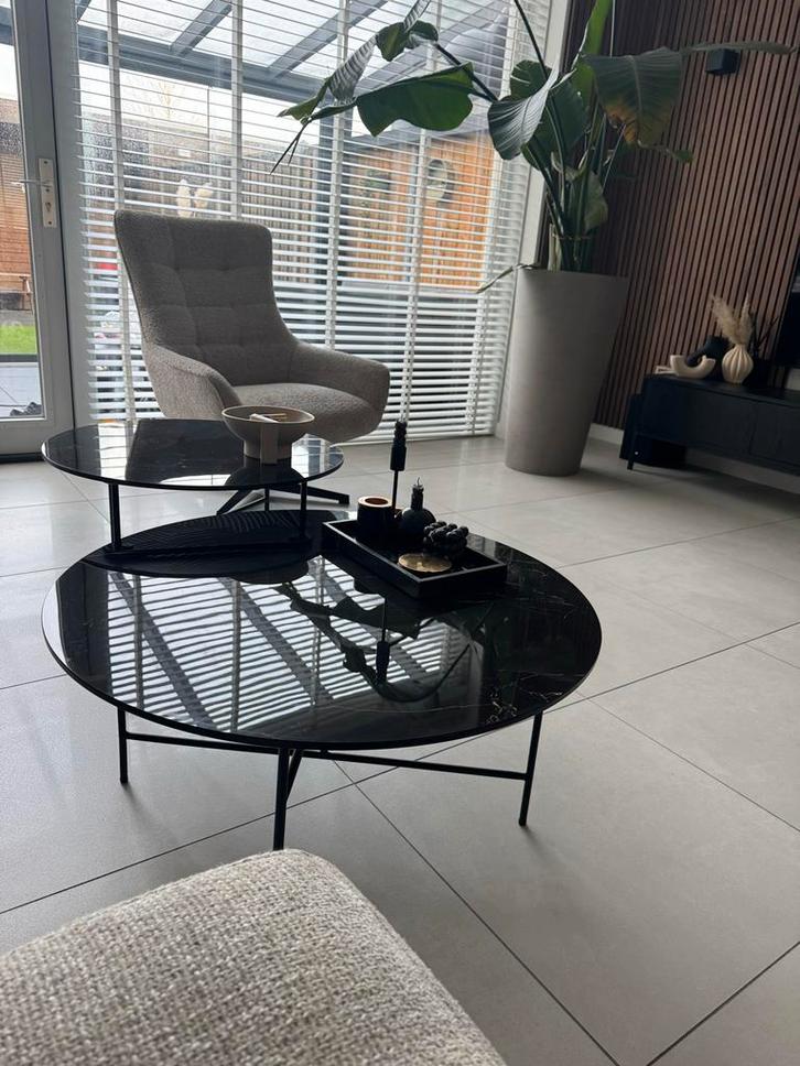 2 Ronde Salontafels porseleinen/Marmerlook - Fonq, Huis en Inrichting, Tafels | Salontafels, Zo goed als nieuw, Minder dan 50 cm