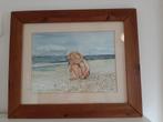 Ingelijste aquarel spelend kind op strans, Ophalen of Verzenden