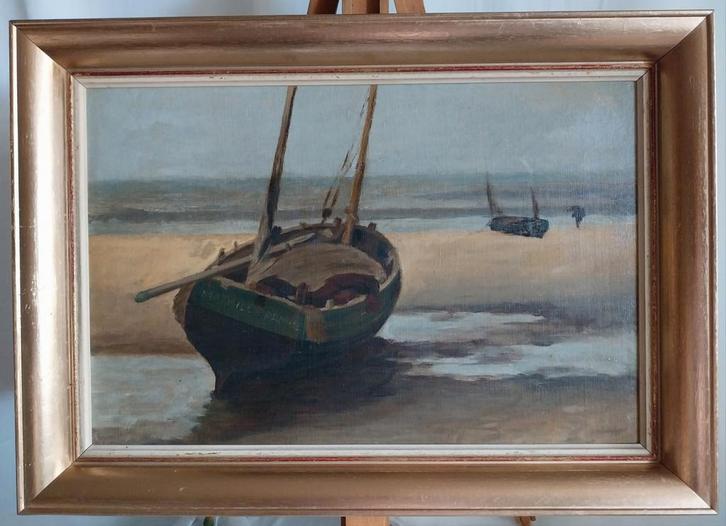 Drooggevallen sloep - 1950, Antiek en Kunst, Kunst | Schilderijen | Klassiek, Ophalen of Verzenden