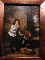 Klein olieverf schilderij – Kinderen met fruitmand, Antiek en Kunst, Kunst | Schilderijen | Klassiek, Ophalen of Verzenden