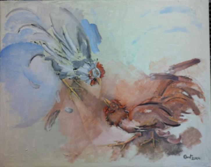 Vechtende hanen - olie op doek - ANT - 2 stuks, Antiek en Kunst, Kunst | Schilderijen | Modern, Ophalen of Verzenden