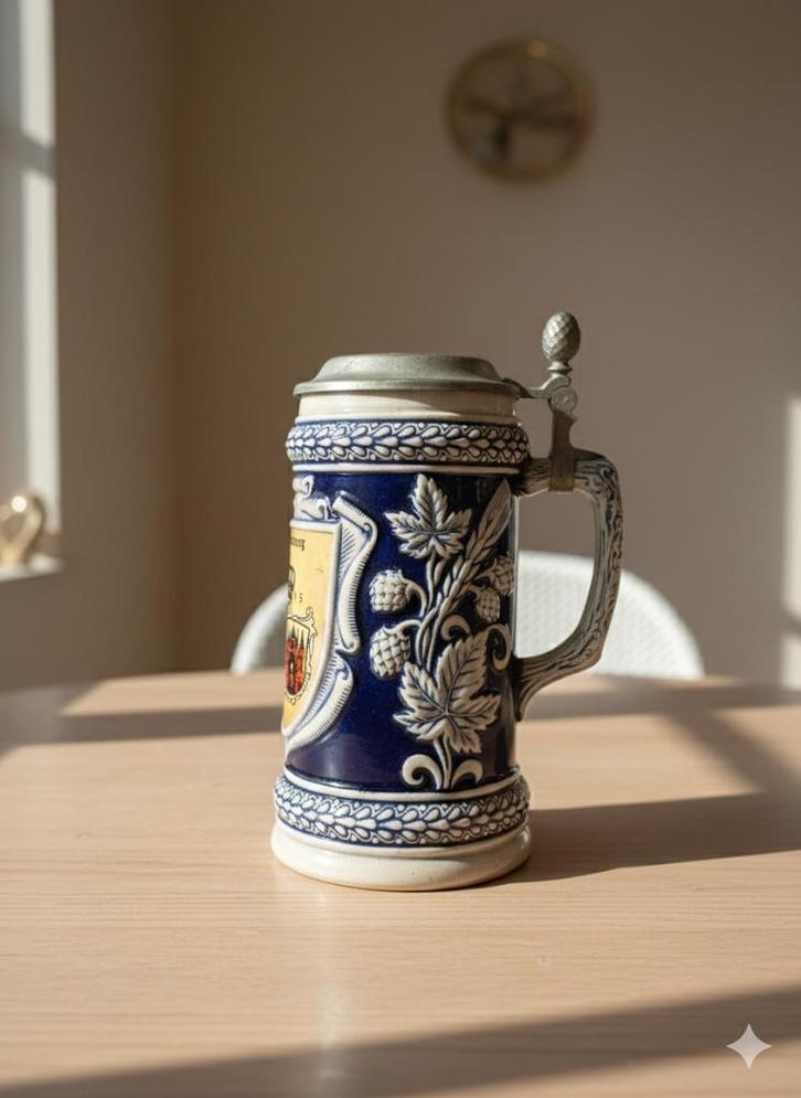 Vintage Duitse Bierpul Brandenburg 1715 Steengoed Tinnen Dek, Antiek en Kunst, Antiek | Keramiek en Aardewerk, Ophalen of Verzenden