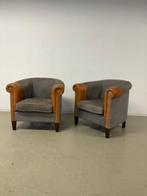 Prachtige leren clubfauteuils met cognac kleurige armkappen, Huis en Inrichting, Fauteuils, Ophalen, Engels / Ambachtelijk / Clubfauteuil