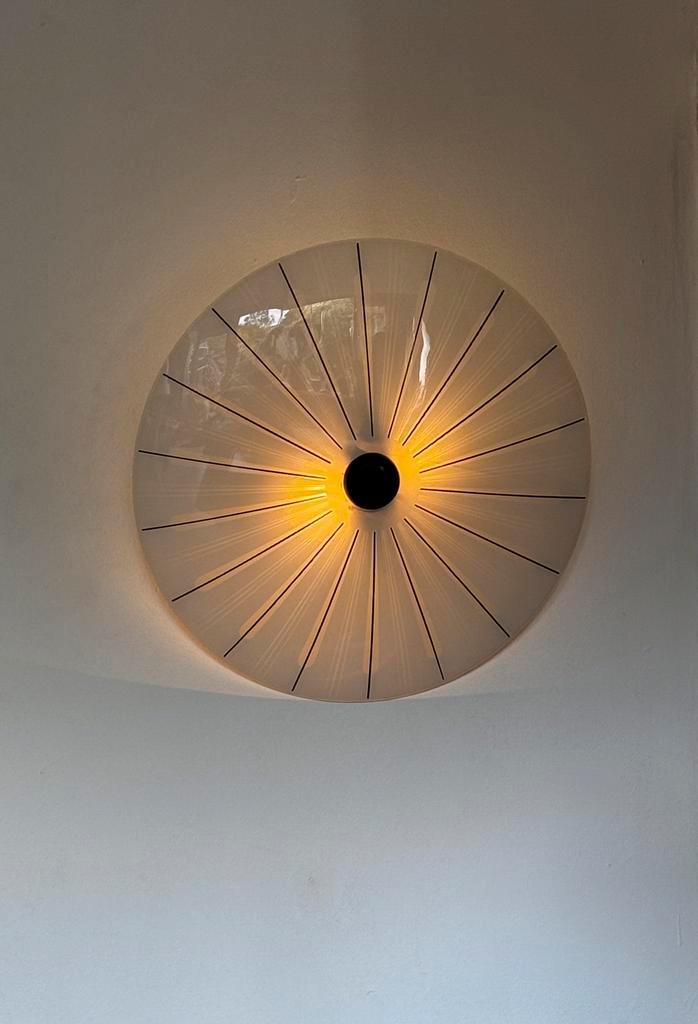 Retro glazen lamp schijfvorm ‘50 en ‘60, Huis en Inrichting, Lampen | Plafondlampen, Zo goed als nieuw, Glas, Hout, Ophalen