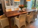 Houten tafel (2.50 m) en 8 Lloyd loom stoelen, Huis en Inrichting, Tafels | Eettafels, 50 tot 100 cm, Teakhout, Gebruikt, Rechthoekig