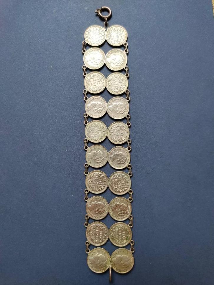 Wilhelmina afbeeldingen verzilverd dubbele rij #dubbeltjes, Sieraden, Tassen en Uiterlijk, Antieke sieraden, Armband, Zilver, Verzenden