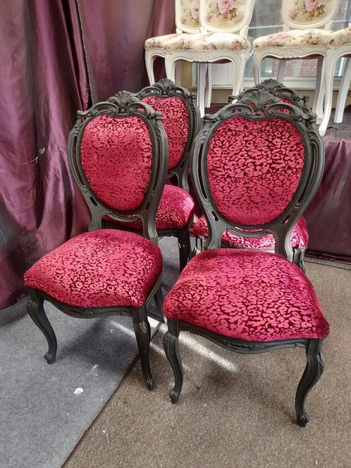 Set 4 mat zwarte barok stoelen opnieuw gestoffeerd, Antiek en Kunst, Antiek | Meubels | Stoelen en Banken, Ophalen