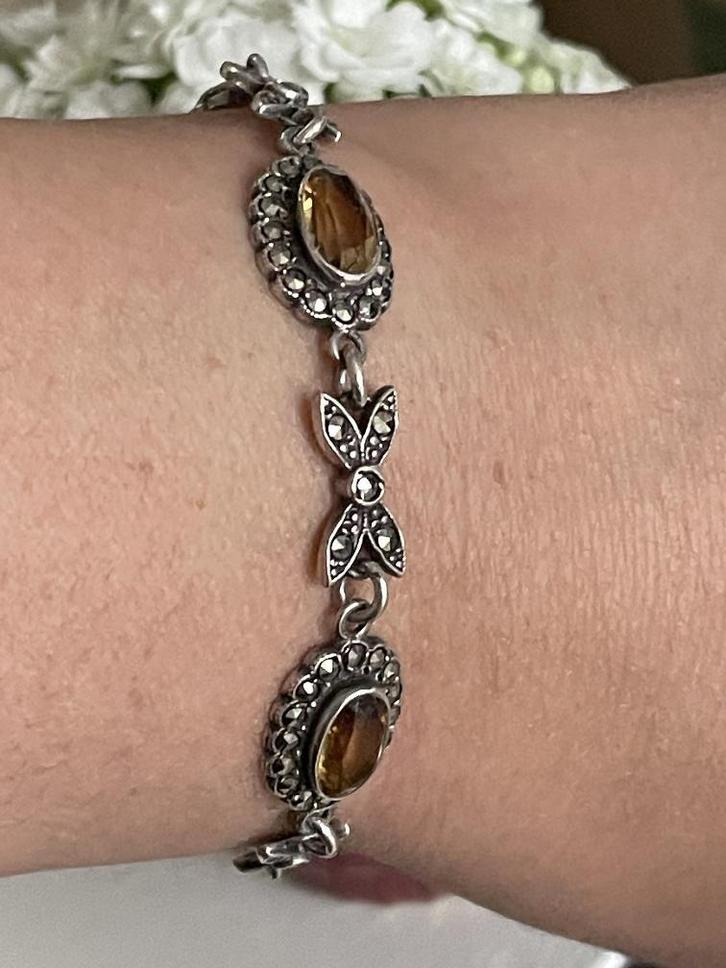 Prachtige zilveren vintagearmband met citrien edelstenen, Sieraden, Tassen en Uiterlijk, Armbanden, Zo goed als nieuw, Zilver