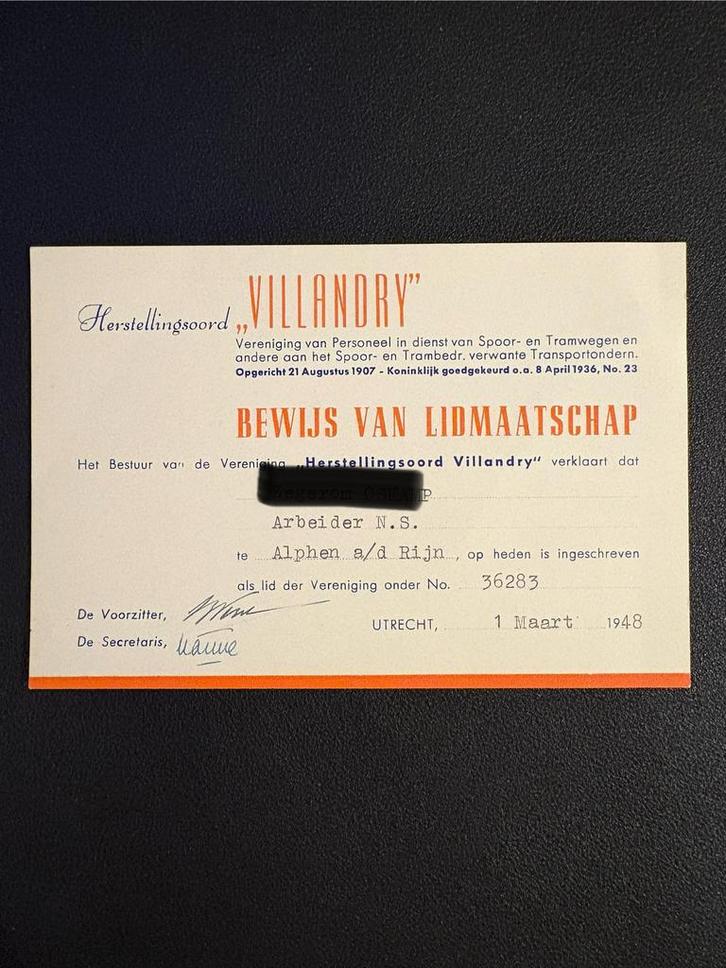 Lidmaatschap herstellingsoord Villandry arbeider NS (1948), Verzamelen, Spoorwegen en Tramwegen, Gebruikt, Trein, Ophalen of Verzenden