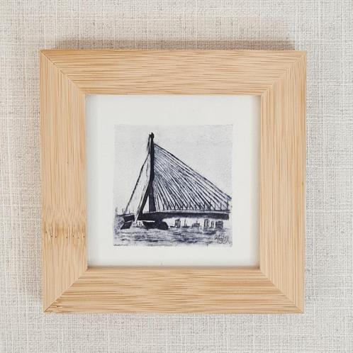 Ets Erasmusbrug Rotterdam 10x10 cm inclusief lijst, Huis en Inrichting, Woonaccessoires | Schilderijen, Tekeningen en Foto's, Nieuw