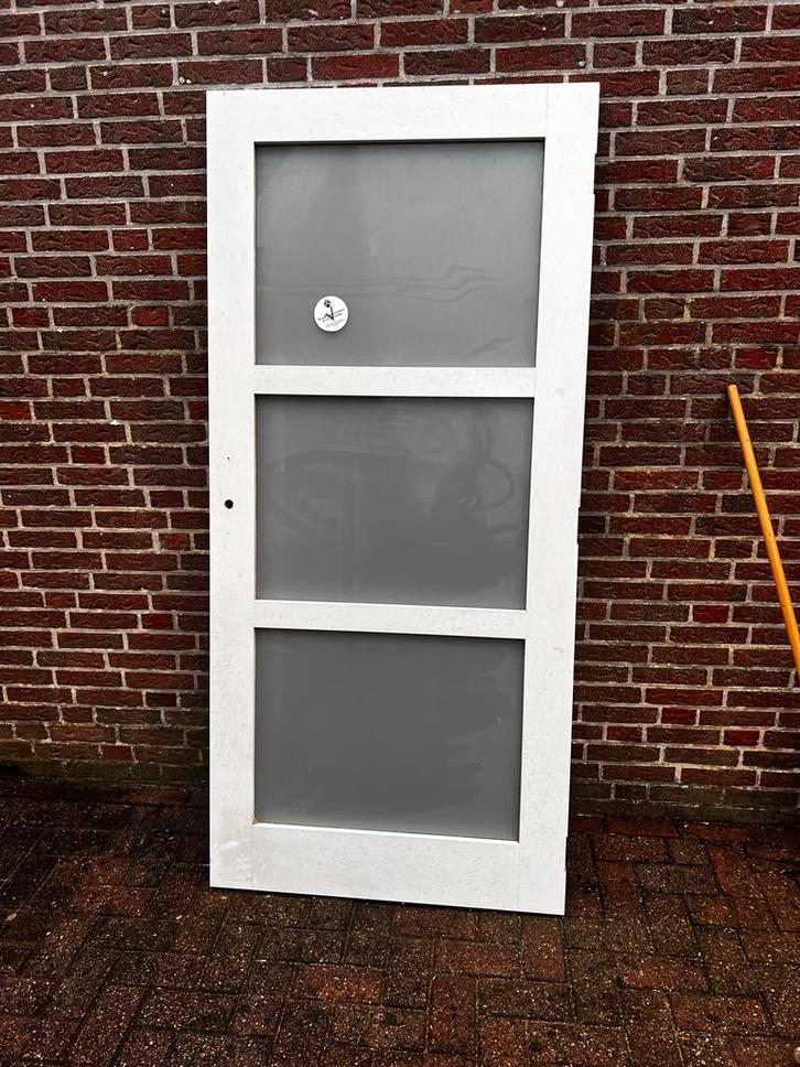 Witte binnendeur met melkglas, Doe-het-zelf en Verbouw, Deuren en Horren, Zo goed als nieuw, Binnendeur, 200 tot 215 cm, 80 tot 100 cm