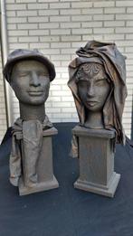 Decoratie Brons kleurig Beeld Man en Vrouwen hoofd op pilaar, Ophalen, Nieuw