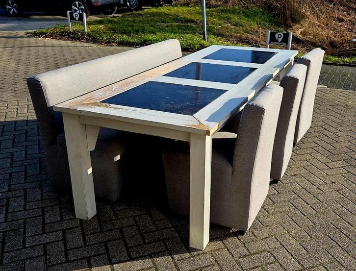 Te koop grote eettafel met bank en stoelen, Huis en Inrichting, Tafels | Eettafels, Gebruikt, 200 cm of meer, 50 tot 100 cm, Vijf personen of meer