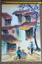 Vietnamees schilderij, stof op houten paneel., Minder dan 50 cm, Gebruikt, Ophalen of Verzenden, Minder dan 50 cm
