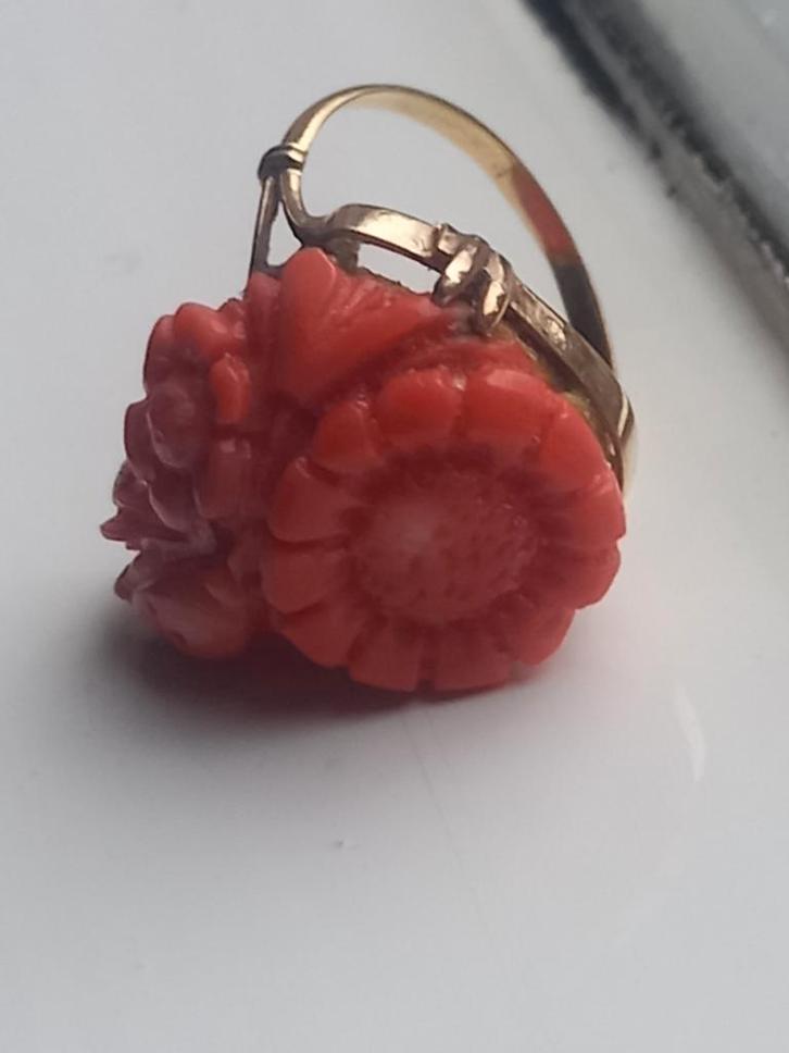 ERF STUK 585 GOUDEN RING + UNIEK GESNEDEN BLOEDKORAAL 21/2CM, Antiek en Kunst, Antiek | Goud en Zilver, Ophalen of Verzenden